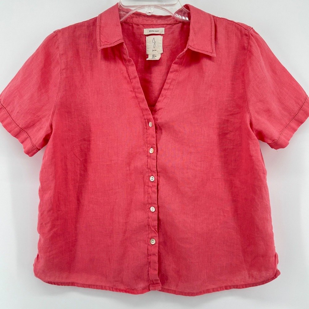 Joie Linen Button Up Top Womens Small Coral Pink Short Sleeve V-Neck Pinhole